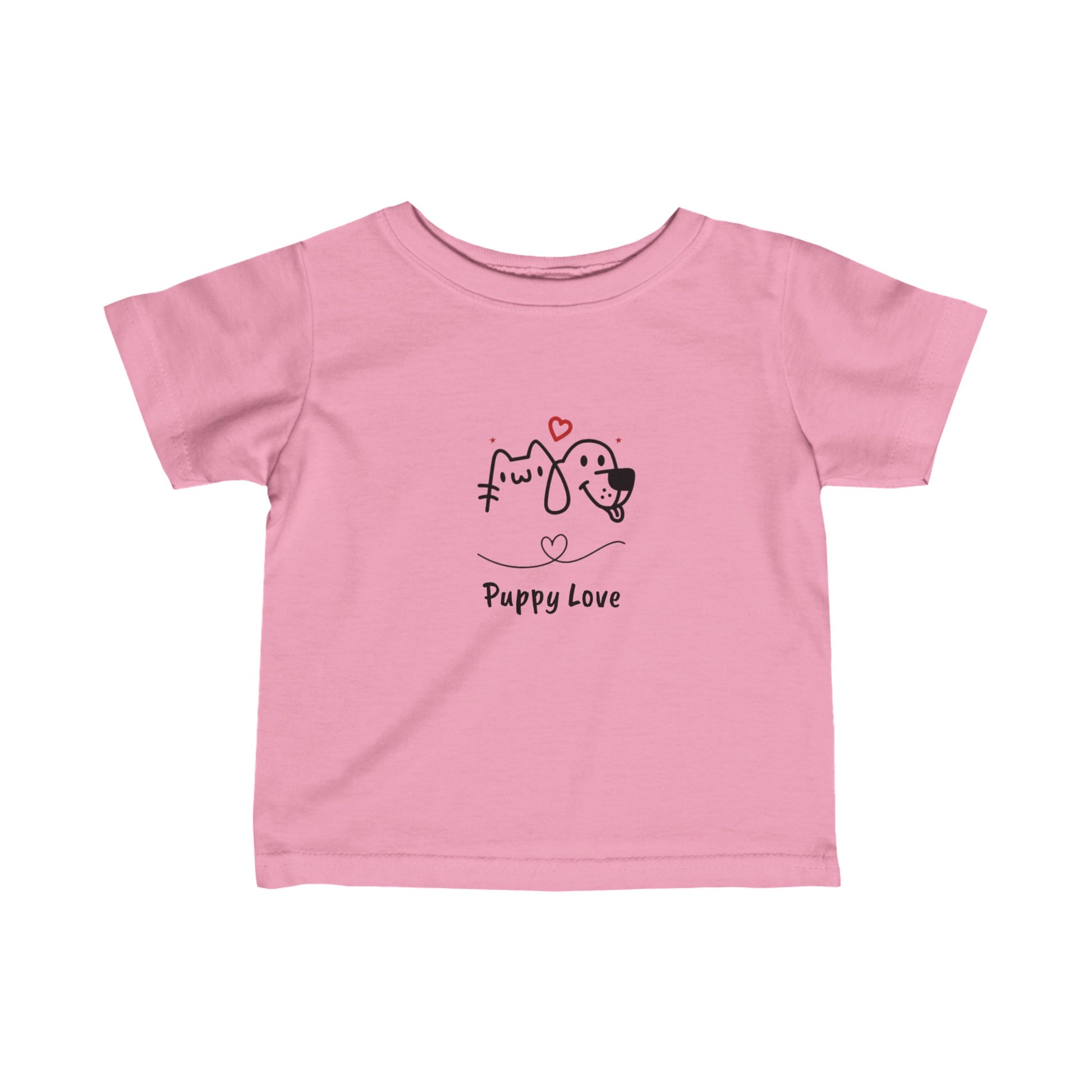Pink puppy love infant t-shirt with cute dog and cat graphic and heart design for babies