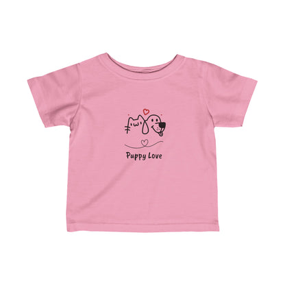 Pink puppy love infant t-shirt with cute dog and cat graphic and heart design for babies