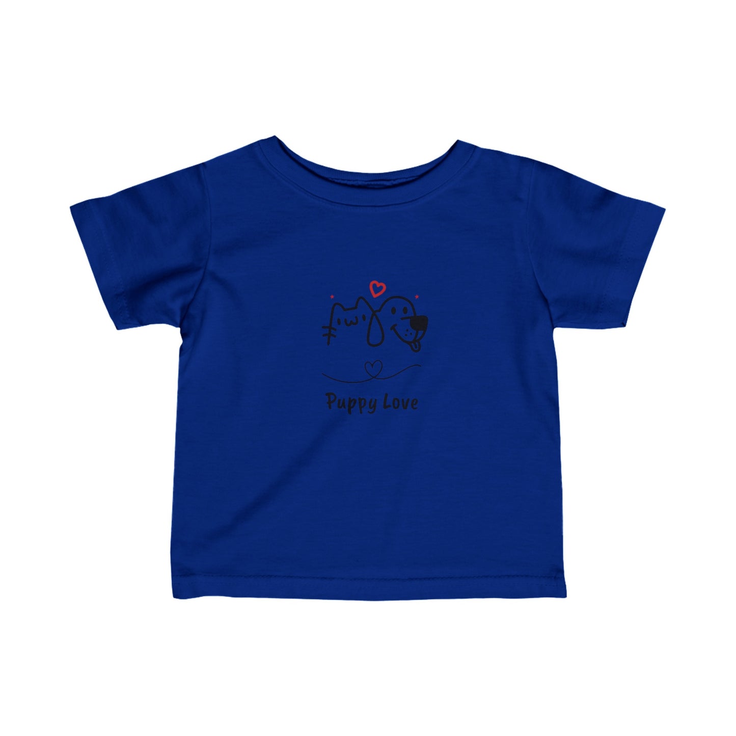 Blue puppy love infant t-shirt with cute dog and bird illustration for kids by Printify