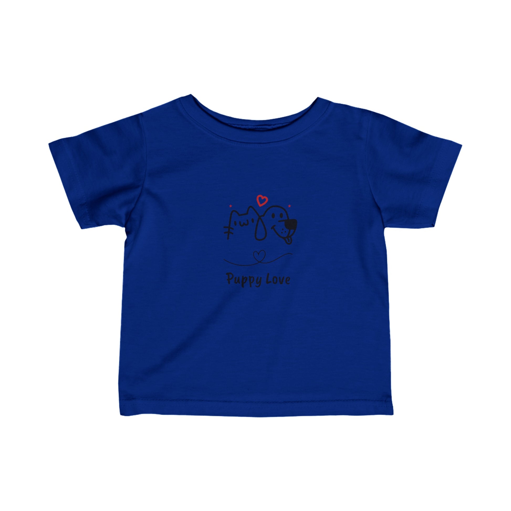 Blue puppy love infant t-shirt with cute dog and bird illustration for kids by Printify
