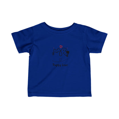 Blue puppy love infant t-shirt with cute dog and bird illustration for kids by Printify