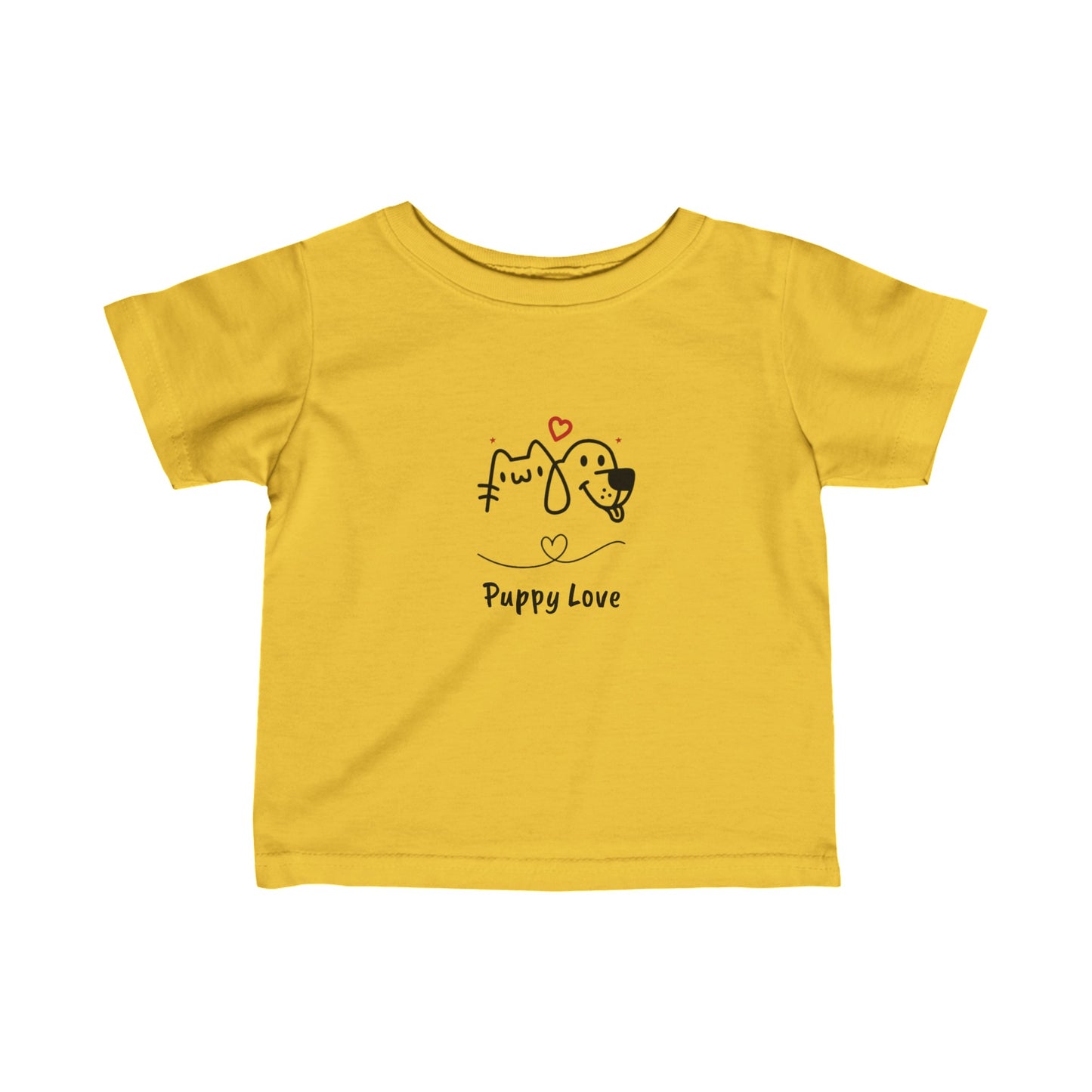Yellow puppy love infant t-shirt featuring cute cat and dog illustration with heart graphic