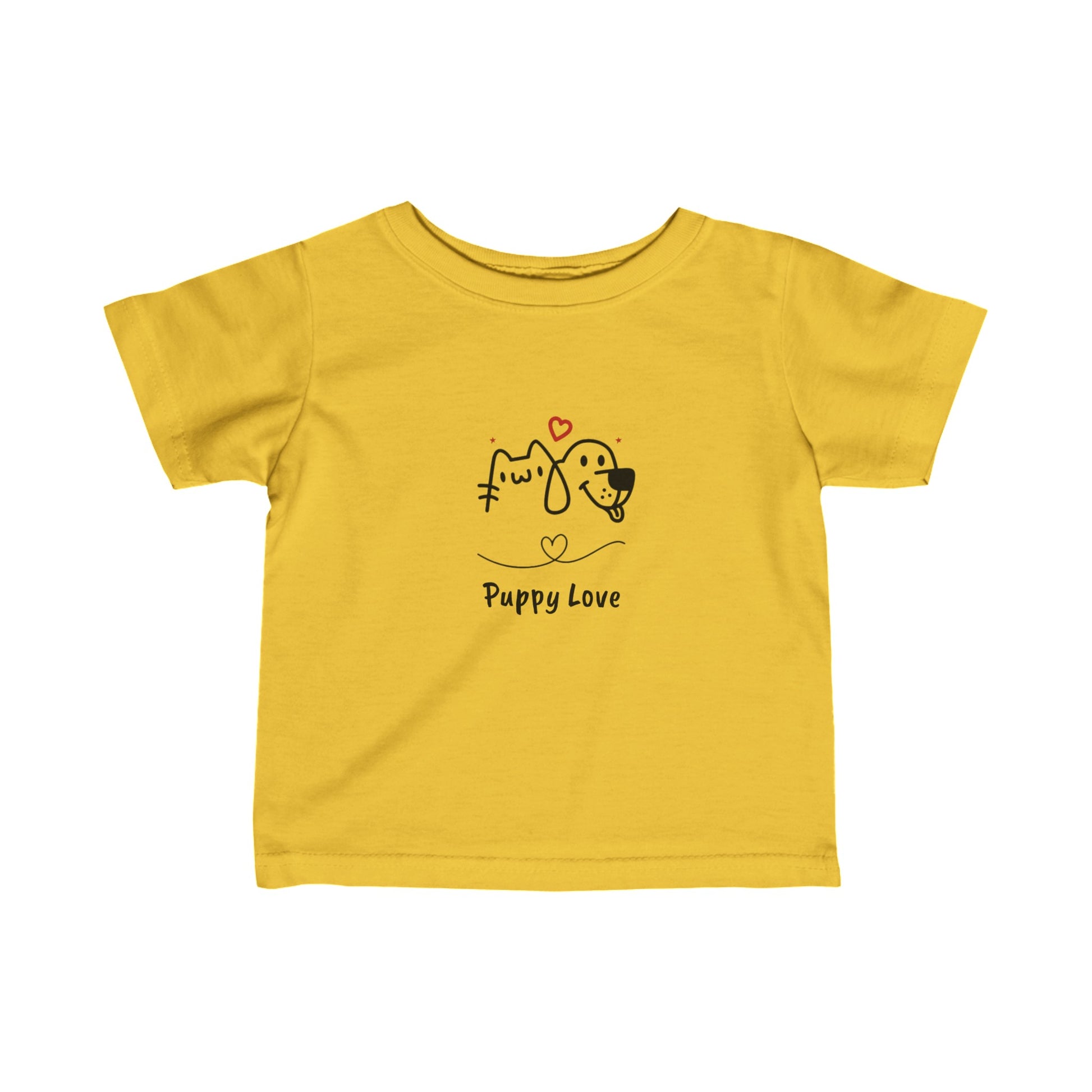 Yellow puppy love infant t-shirt featuring cute cat and dog illustration with heart graphic