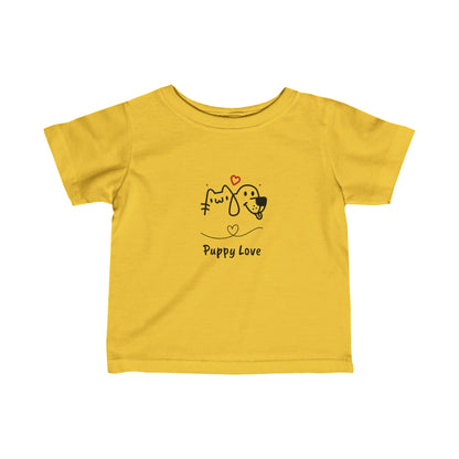Yellow puppy love infant t-shirt featuring cute cat and dog illustration with heart graphic