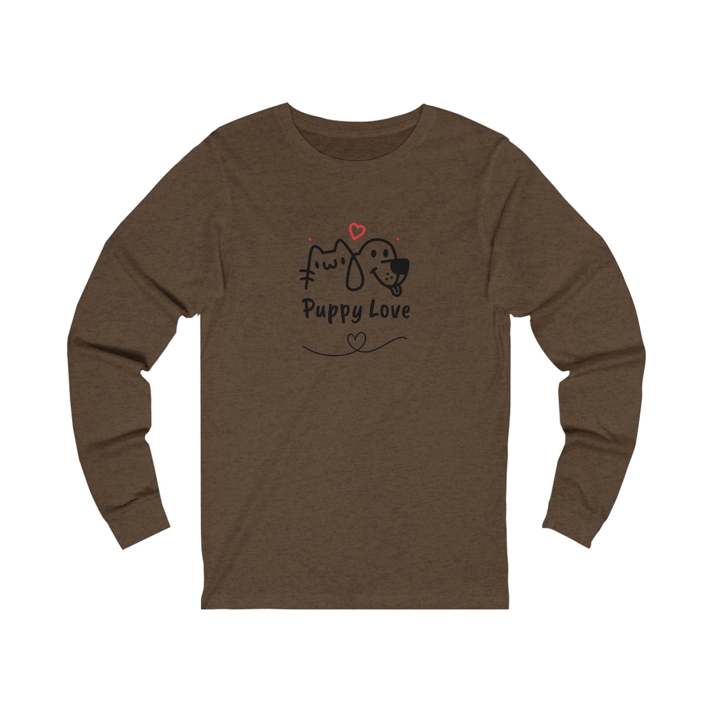 Brown long-sleeve puppy love shirt with cat and dog illustration from Printify