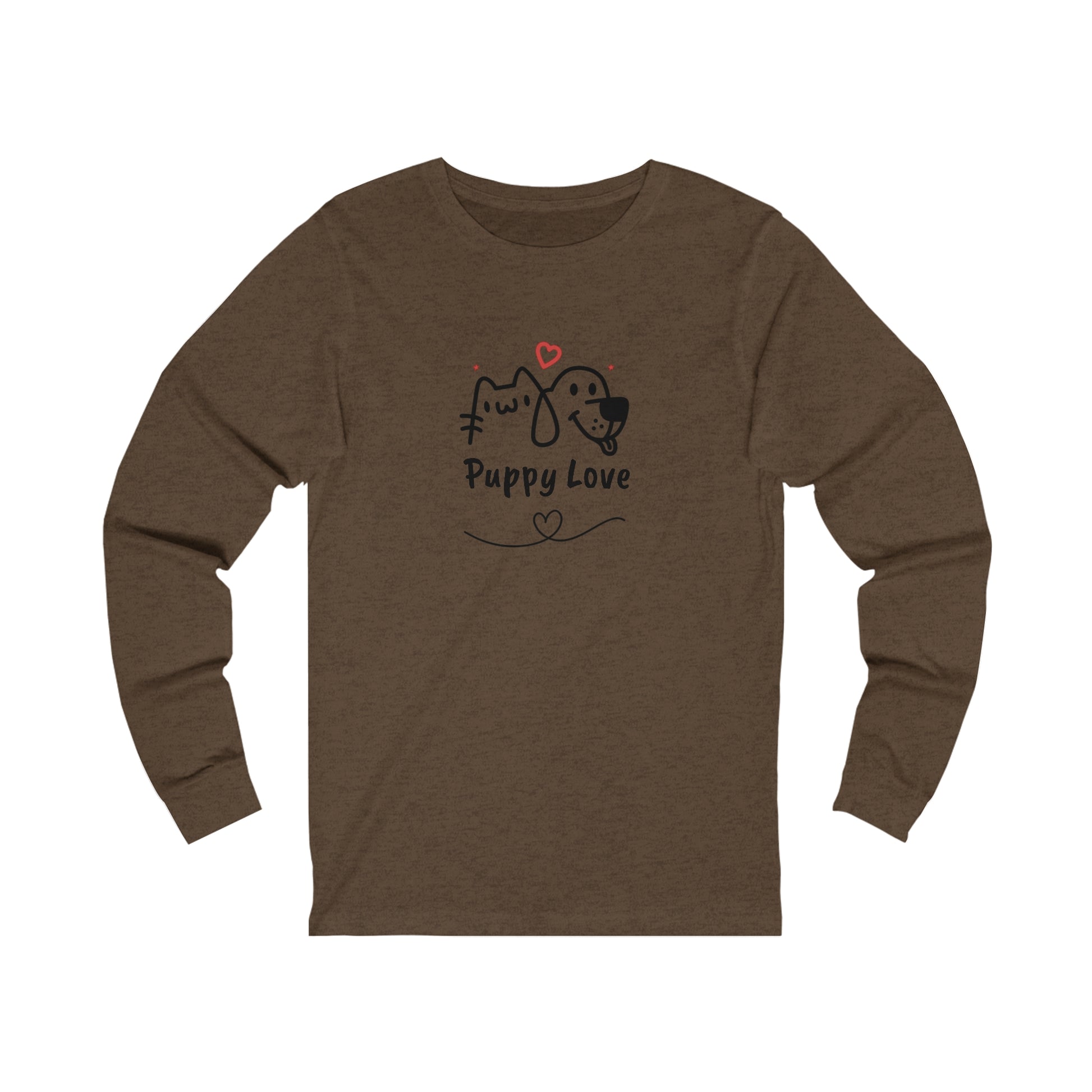 Brown long-sleeve puppy love shirt with cat and dog illustration from Printify