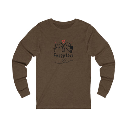Brown long-sleeve puppy love shirt with cat and dog illustration from Printify