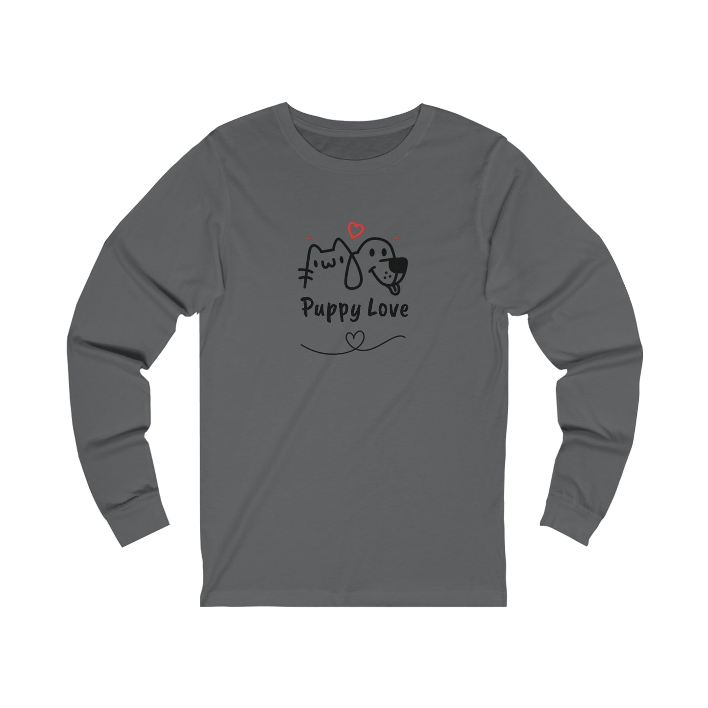 Gray long-sleeve puppy love shirt with cute dog and cat graphic and heart design