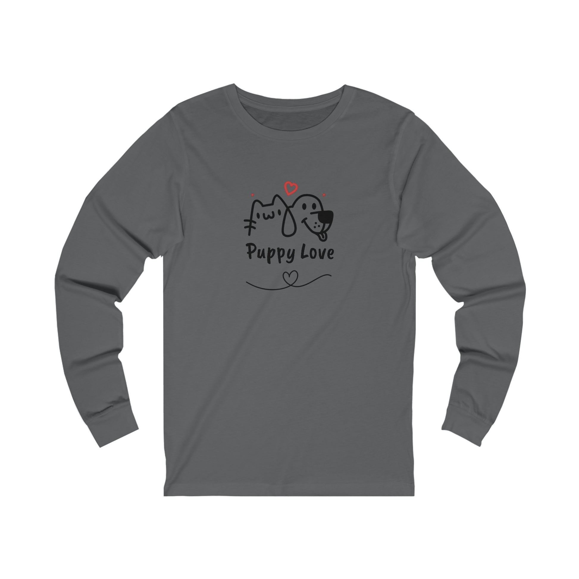 Gray long-sleeve puppy love shirt with cute dog and cat graphic and heart design