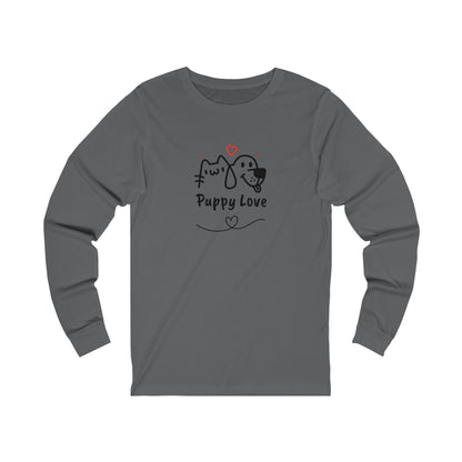 Gray long-sleeve puppy love shirt with cute dog and cat graphic and heart design