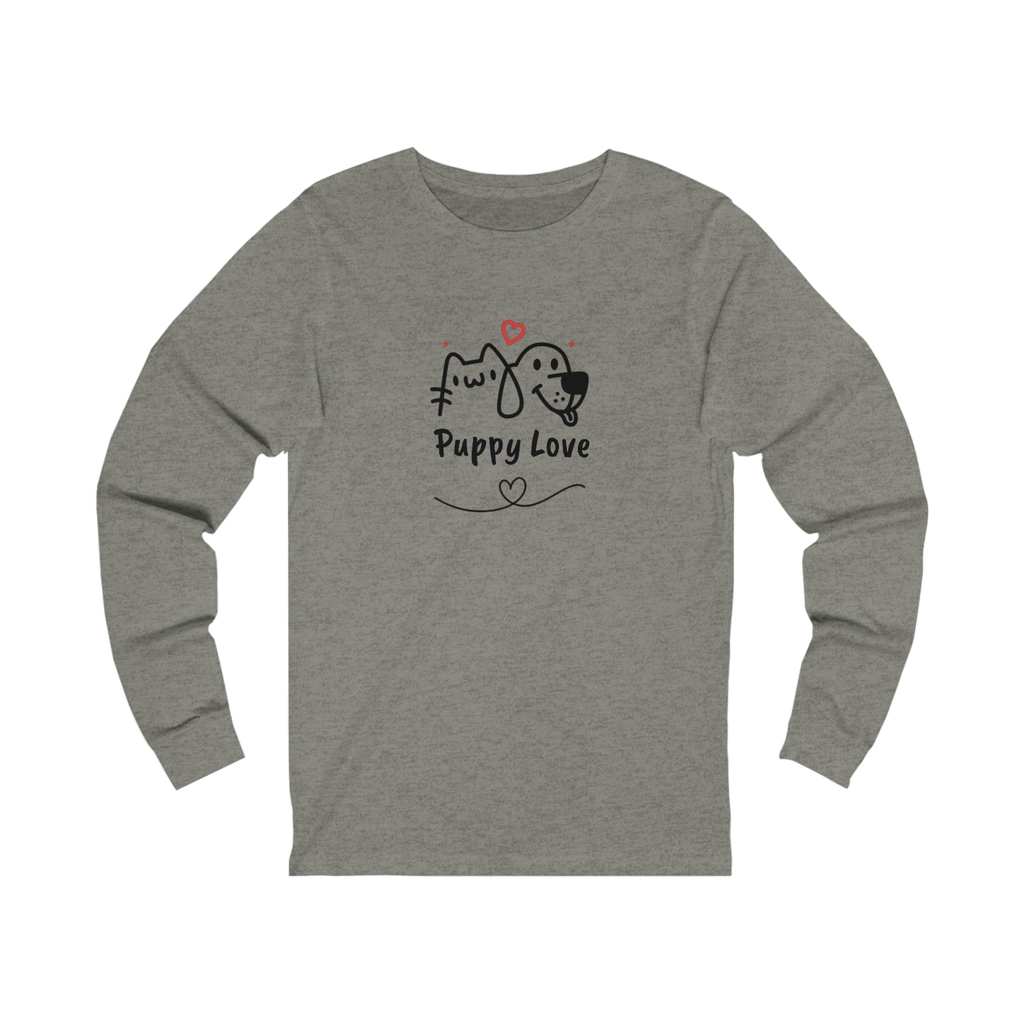 Printify gray long-sleeve puppy love shirt featuring cute cat and dog illustration with hearts