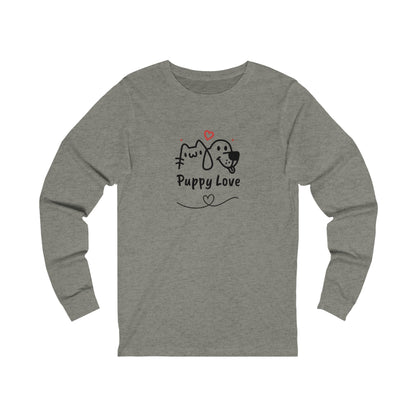 Printify gray long-sleeve puppy love shirt featuring cute cat and dog illustration with hearts