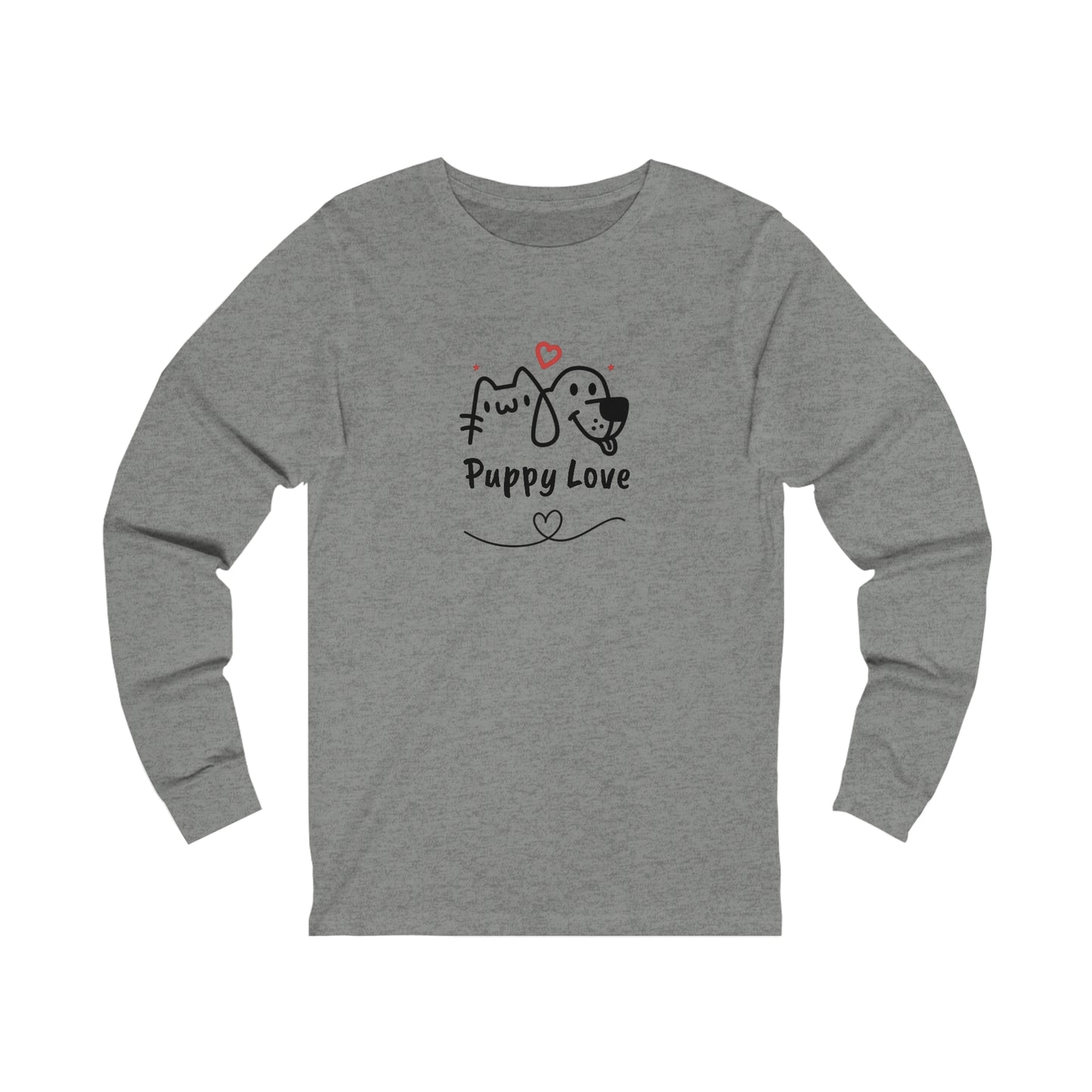 Gray long-sleeve puppy love shirt with cute cat and dog illustration and heart design