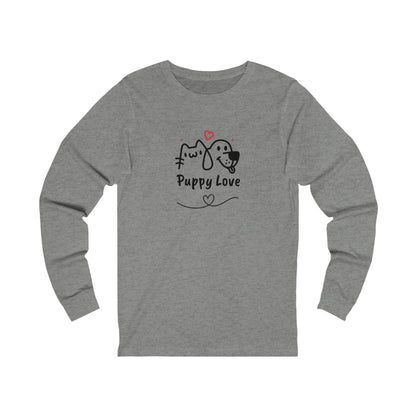 Gray long-sleeve puppy love shirt with cute cat and dog illustration and heart design