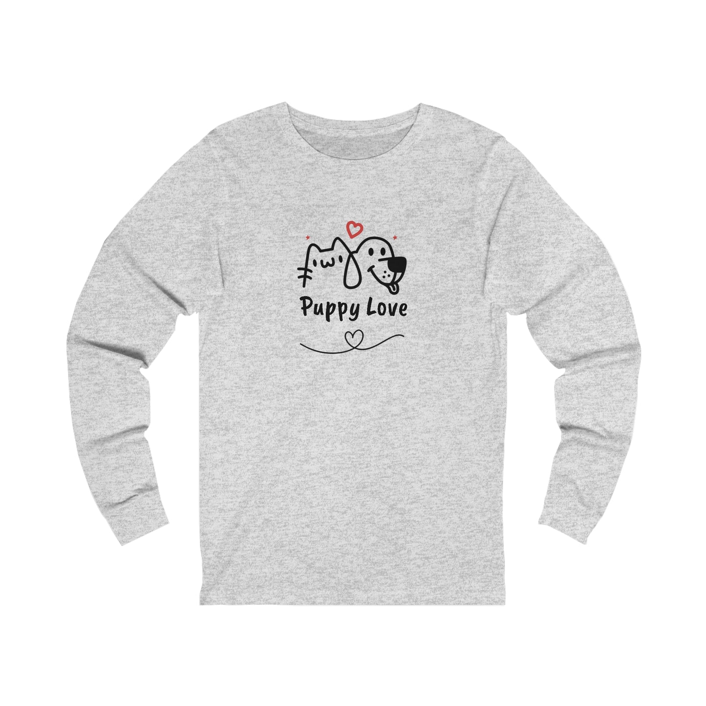 Printify long-sleeve gray puppy love shirt with cute dog and cat illustration