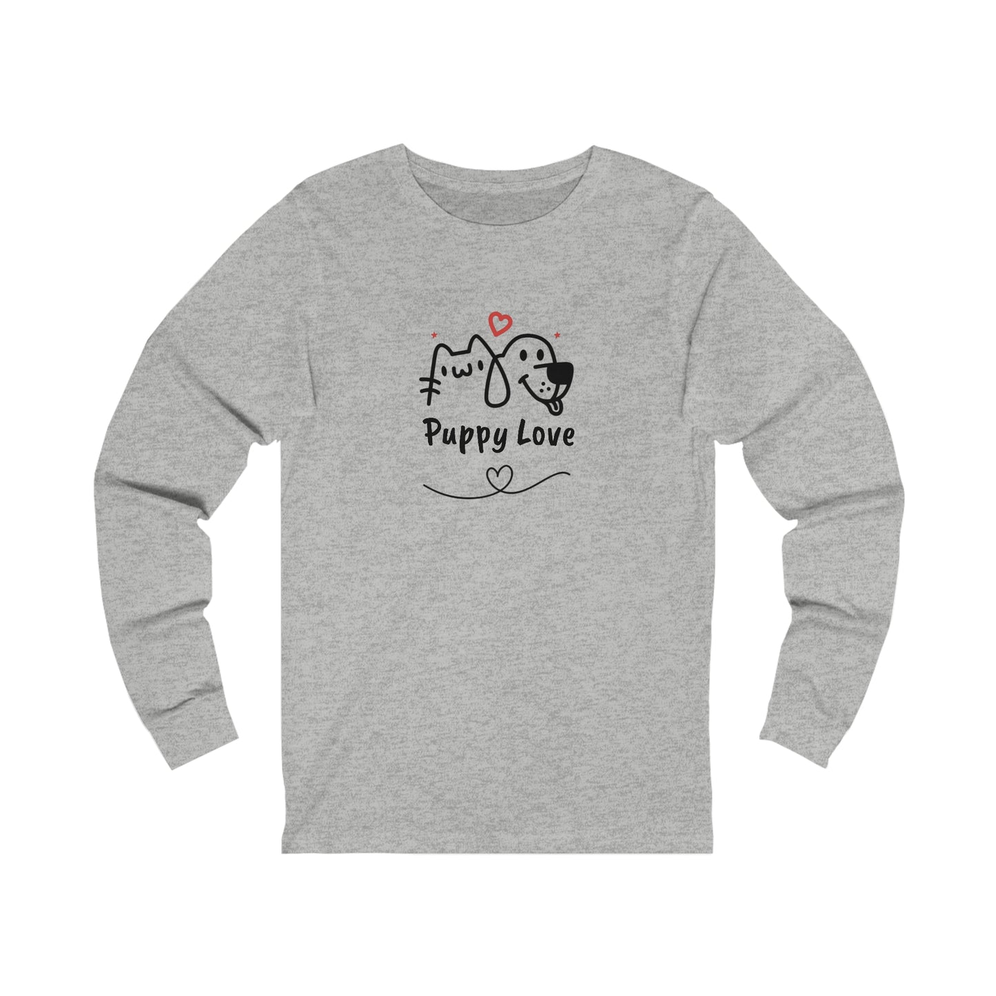 Printify gray long-sleeve puppy love shirt with cute cat and dog illustration and heart design