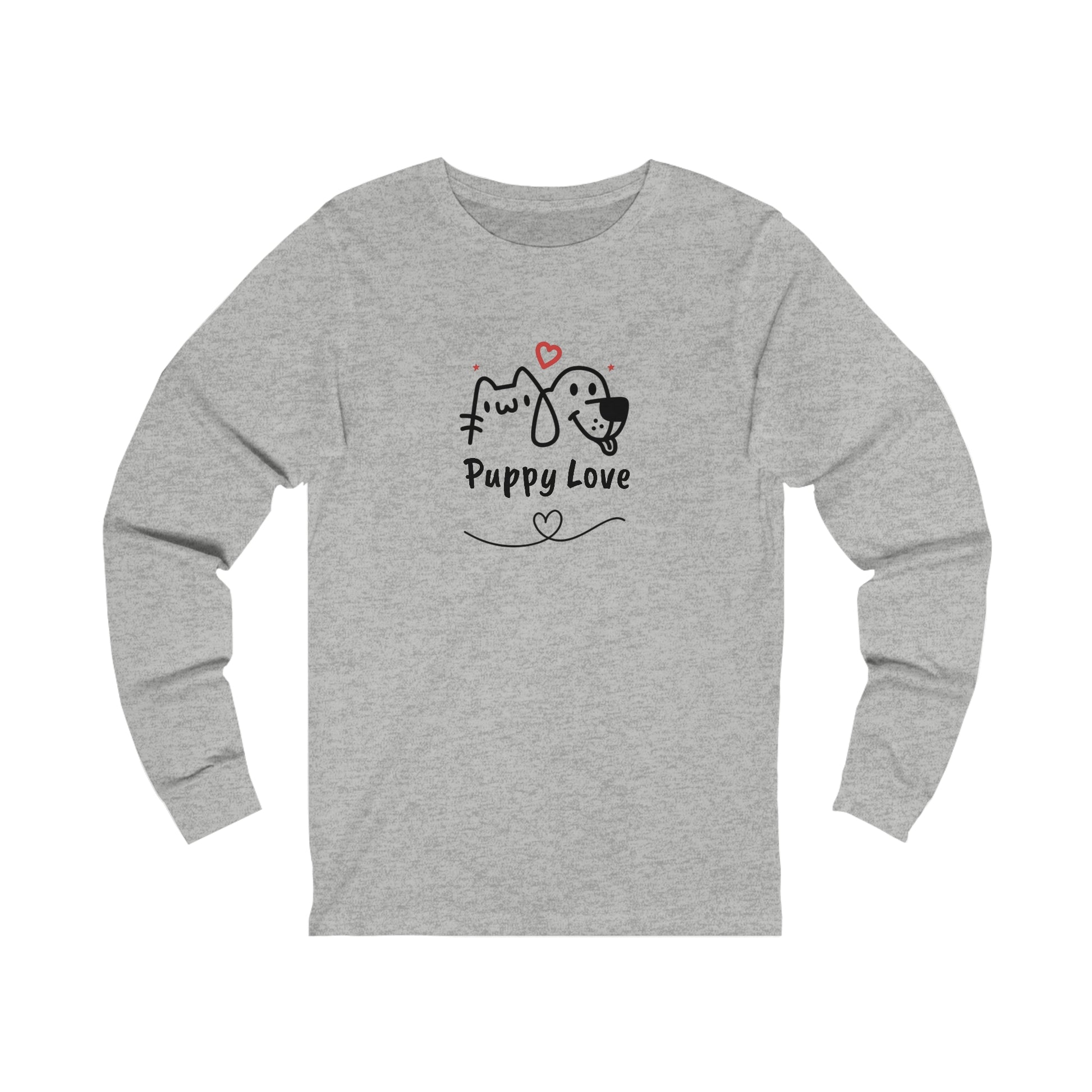Printify gray long-sleeve puppy love shirt with cute cat and dog illustration and heart design