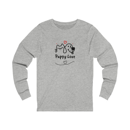 Printify gray long-sleeve puppy love shirt with cute cat and dog illustration and heart design