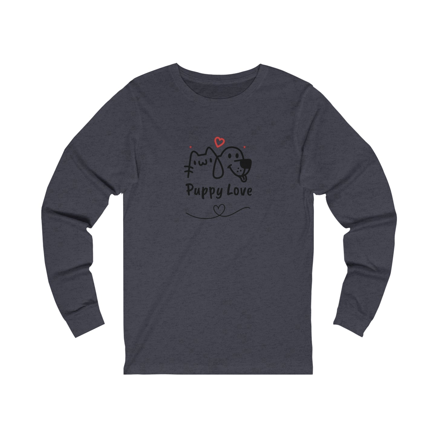 Printify dark gray long sleeve puppy love shirt with cute cat and dog graphic design