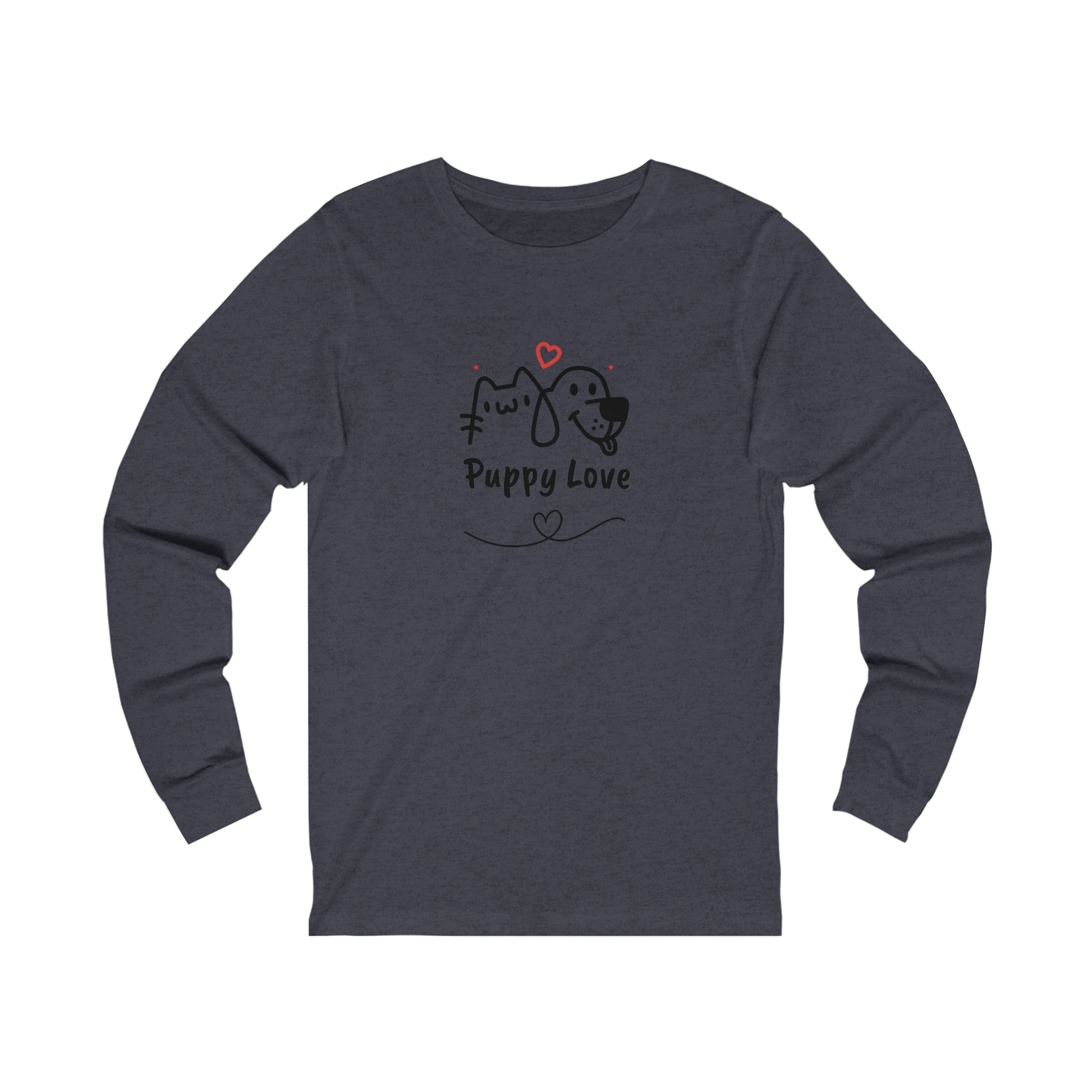 Printify dark gray long sleeve puppy love shirt with cute cat and dog graphic design