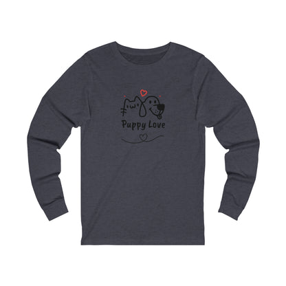 Printify dark gray long sleeve puppy love shirt with cute cat and dog graphic design