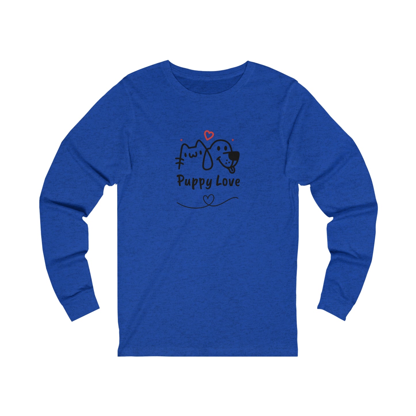 Printify blue long-sleeve puppy love shirt with cute dog and cat graphic and heart design