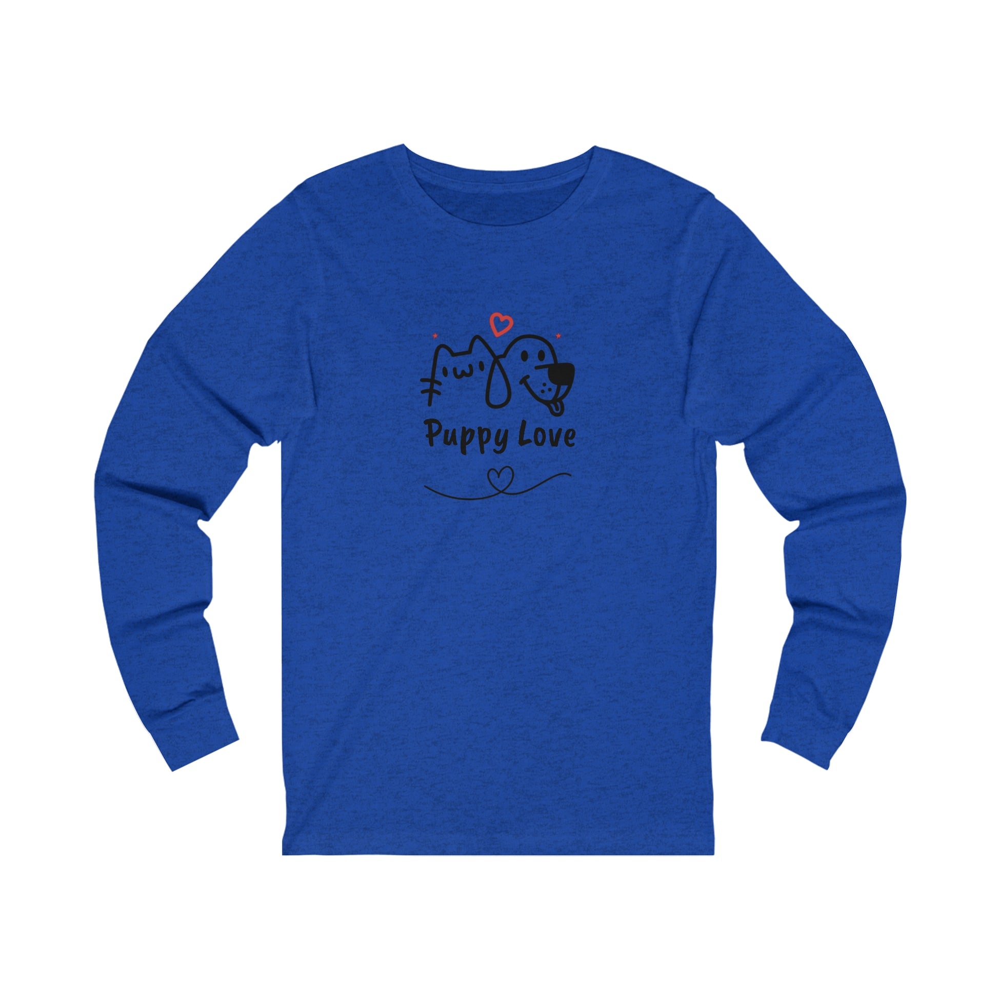 Printify blue long-sleeve puppy love shirt with cute dog and cat graphic and heart design