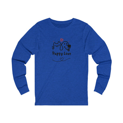 Printify blue long-sleeve puppy love shirt with cute dog and cat graphic and heart design
