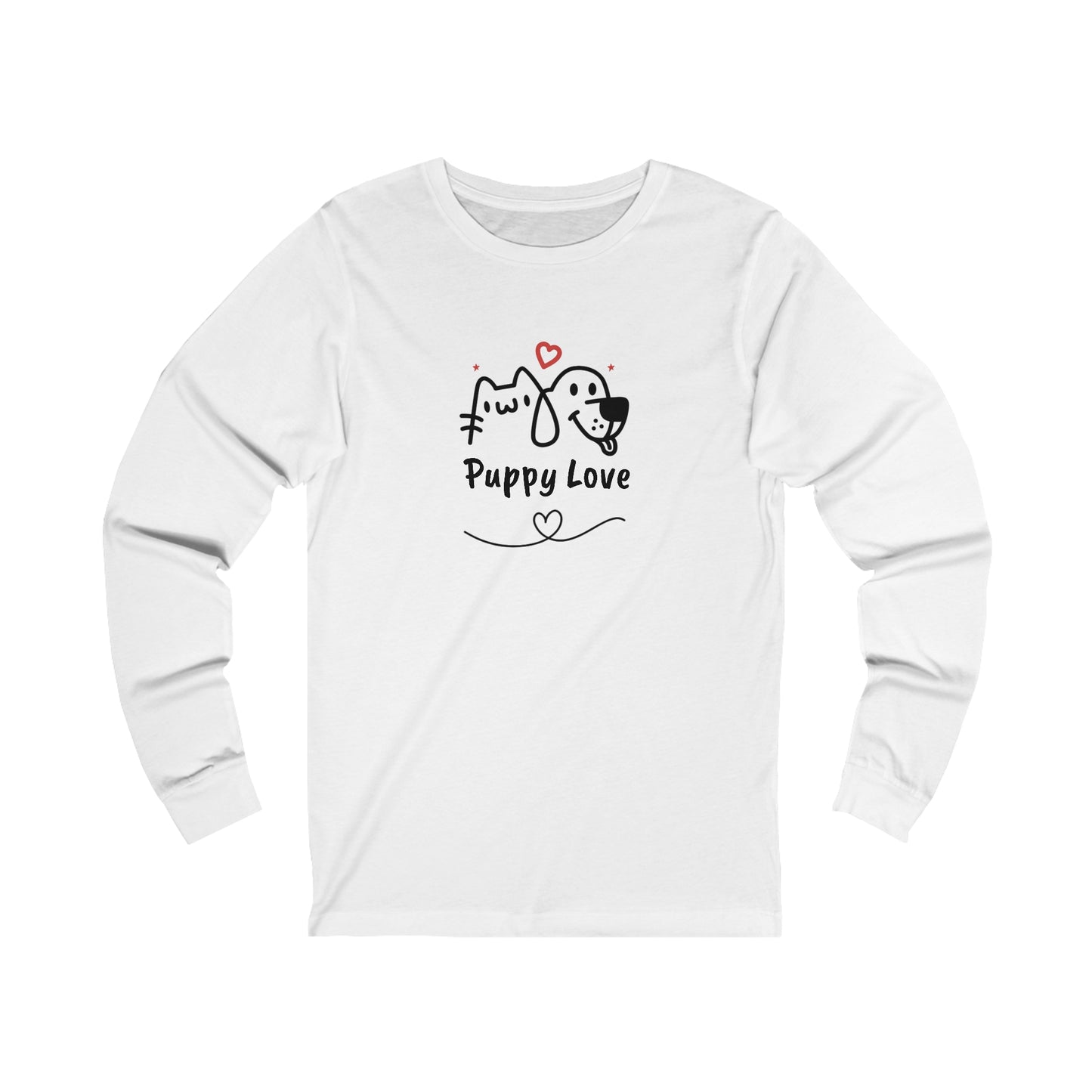 White long-sleeve puppy love shirt with cute dog and cat illustration from Printify