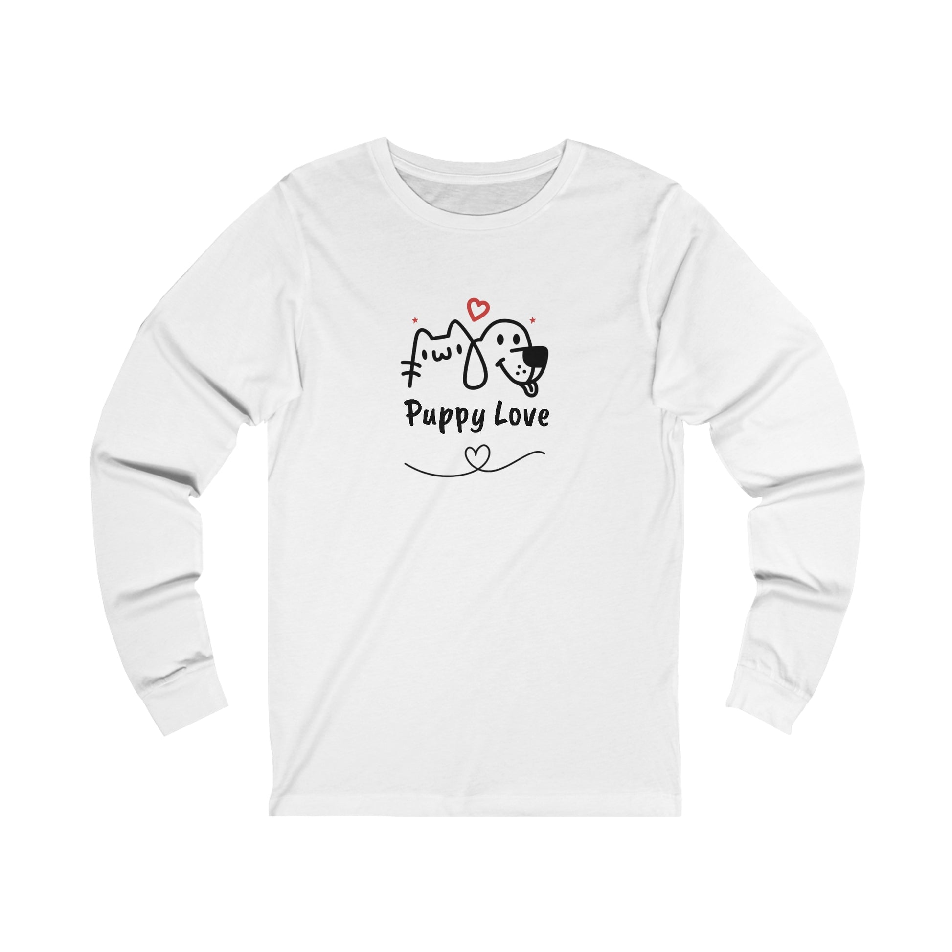White long-sleeve puppy love shirt with cute dog and cat illustration from Printify
