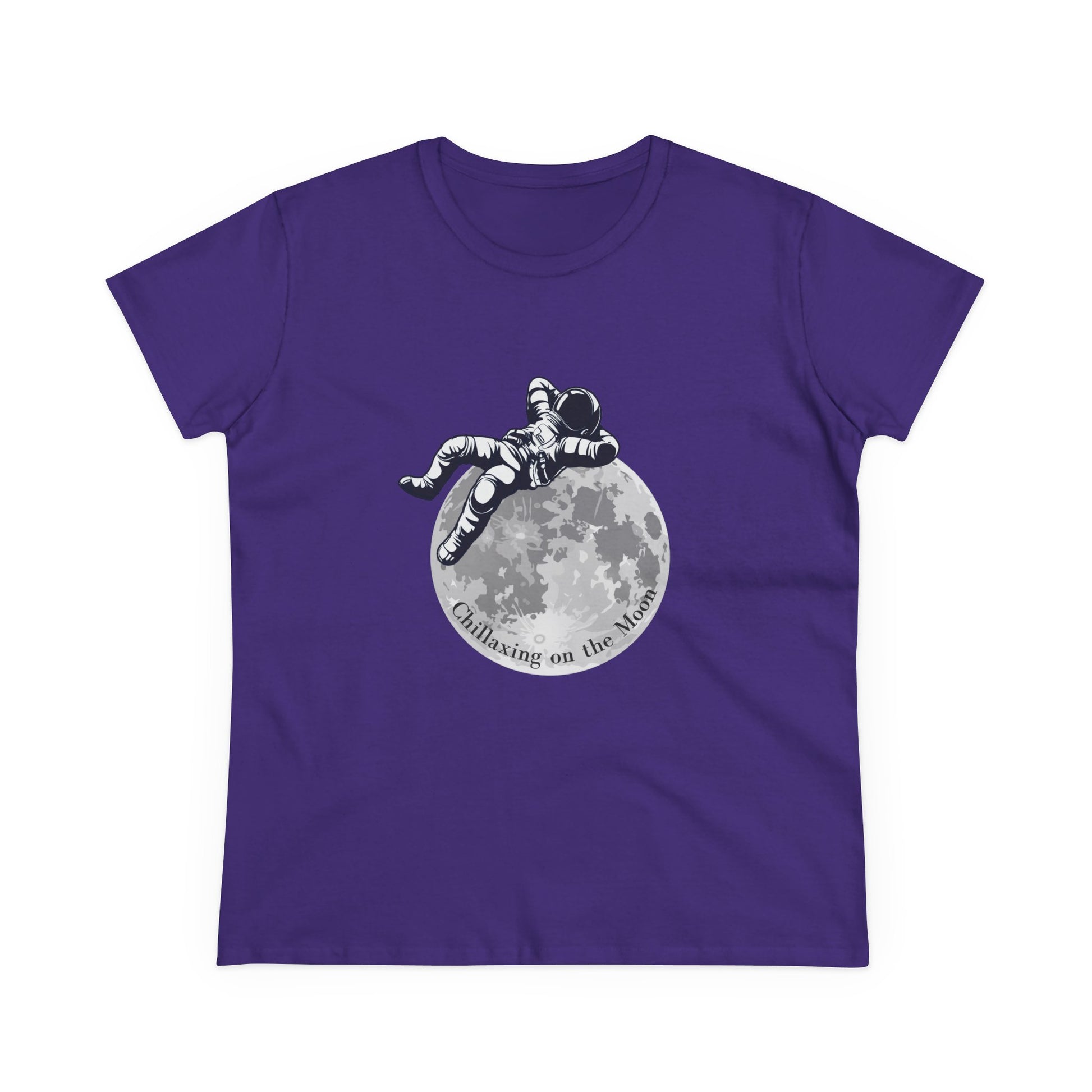 Purple moon t-shirt women with astronaut relaxing on moon graphic by Printify