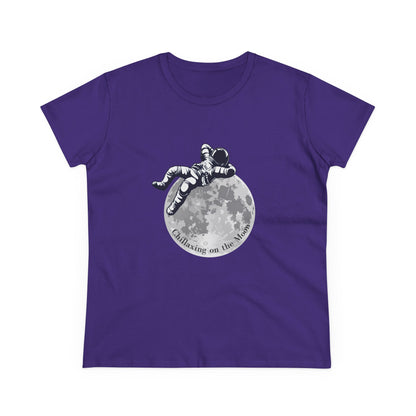 Purple moon t-shirt women with astronaut relaxing on moon graphic by Printify