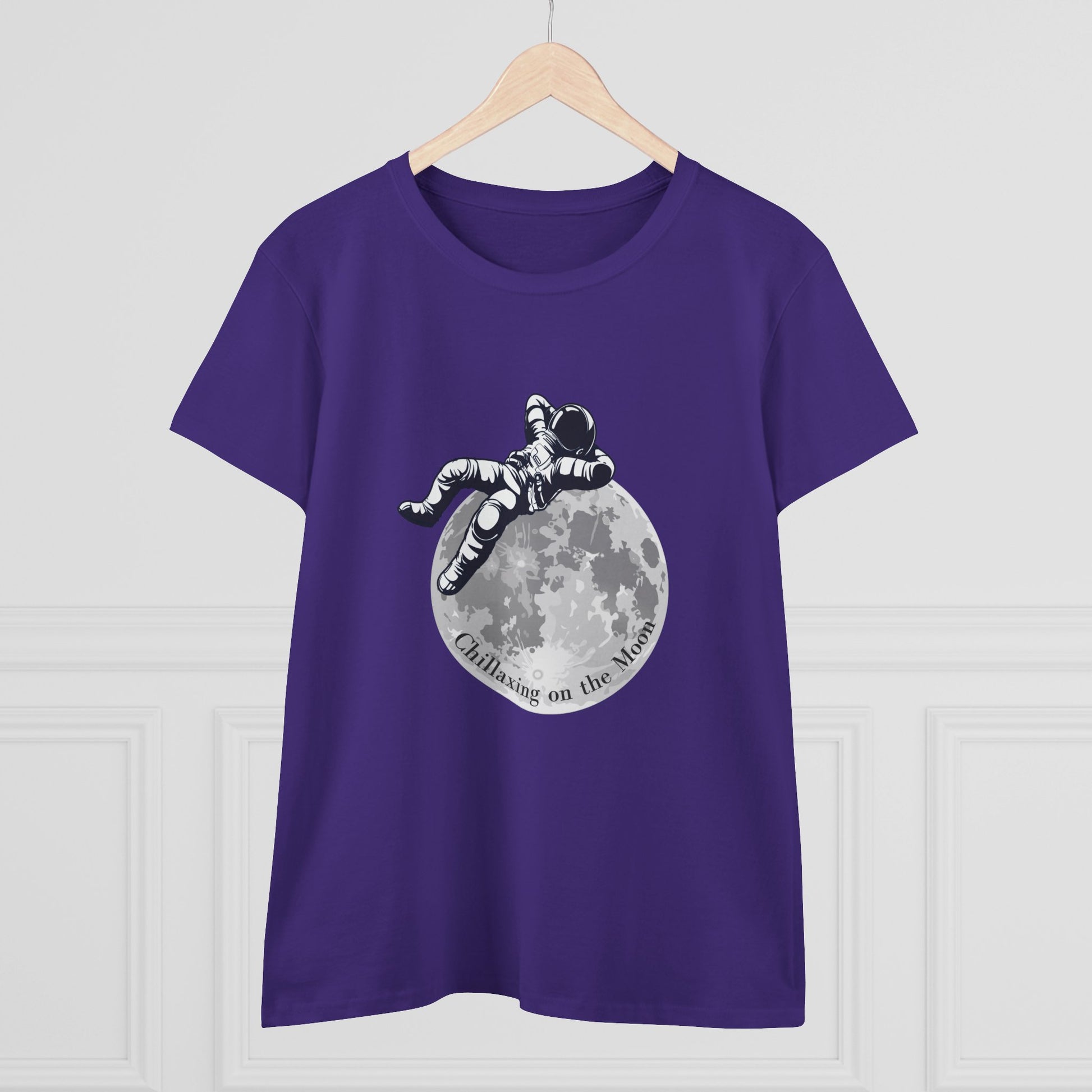 Purple moon t-shirt women with astronaut graphic relaxing on the moon design