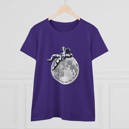 Purple moon t-shirt women with astronaut graphic relaxing on the moon design