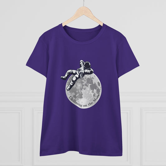 Purple moon t-shirt women with astronaut graphic relaxing on the moon design