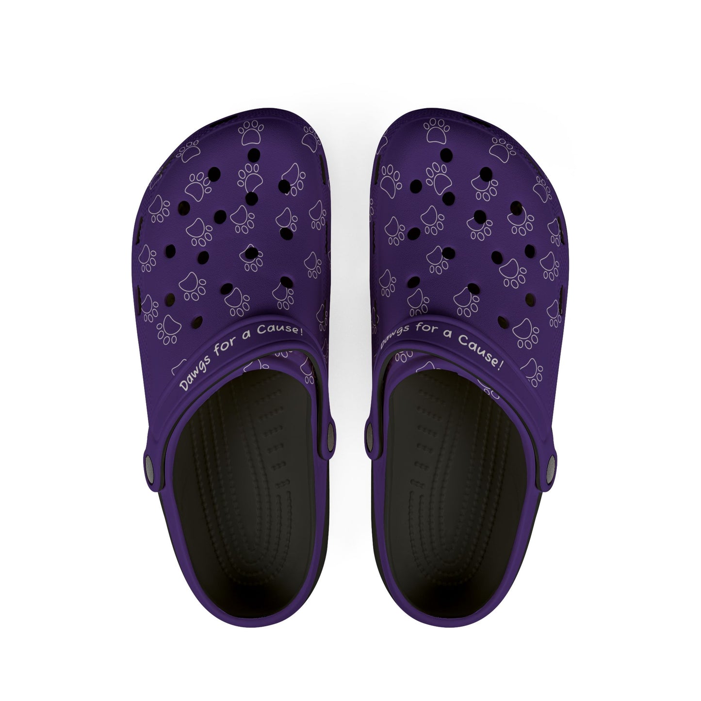 Printify purple rubber clogs for women with paw print design and comfortable black footbed