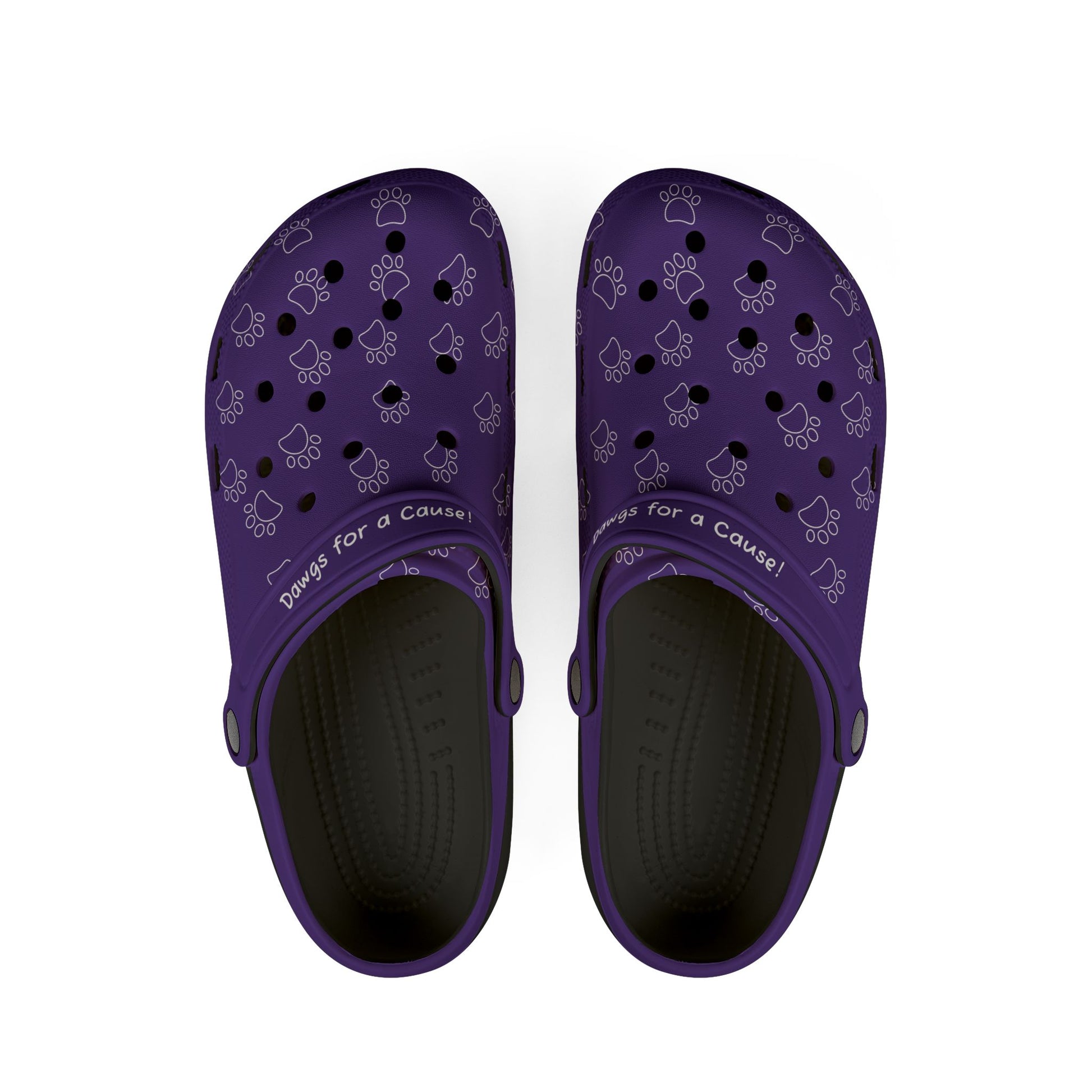 Printify purple rubber clogs for women with paw print design and comfortable black footbed