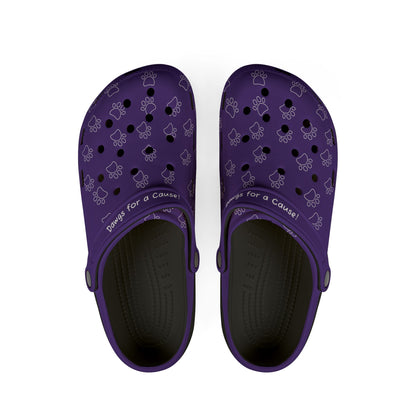 Printify purple rubber clogs for women with paw print design and comfortable black footbed