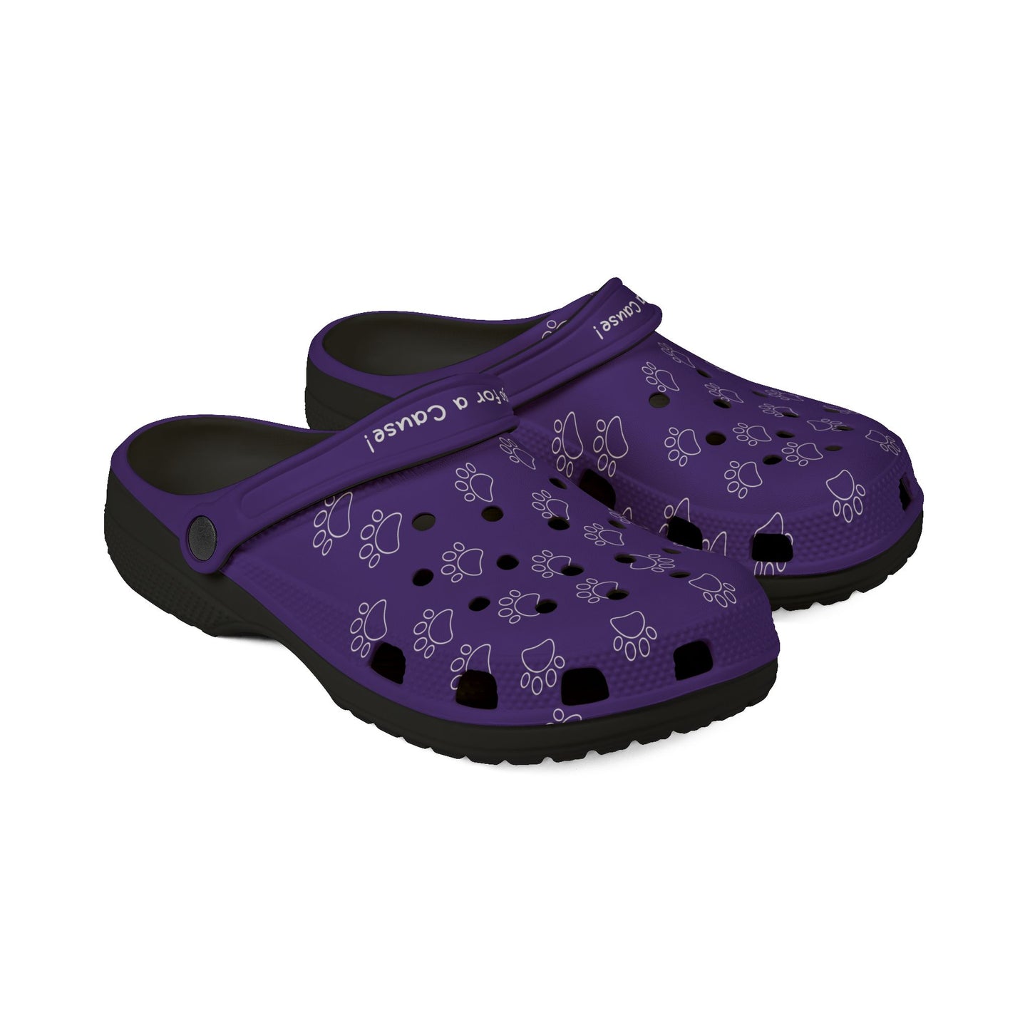 Printify purple rubber clogs for women with paw print design and black soles