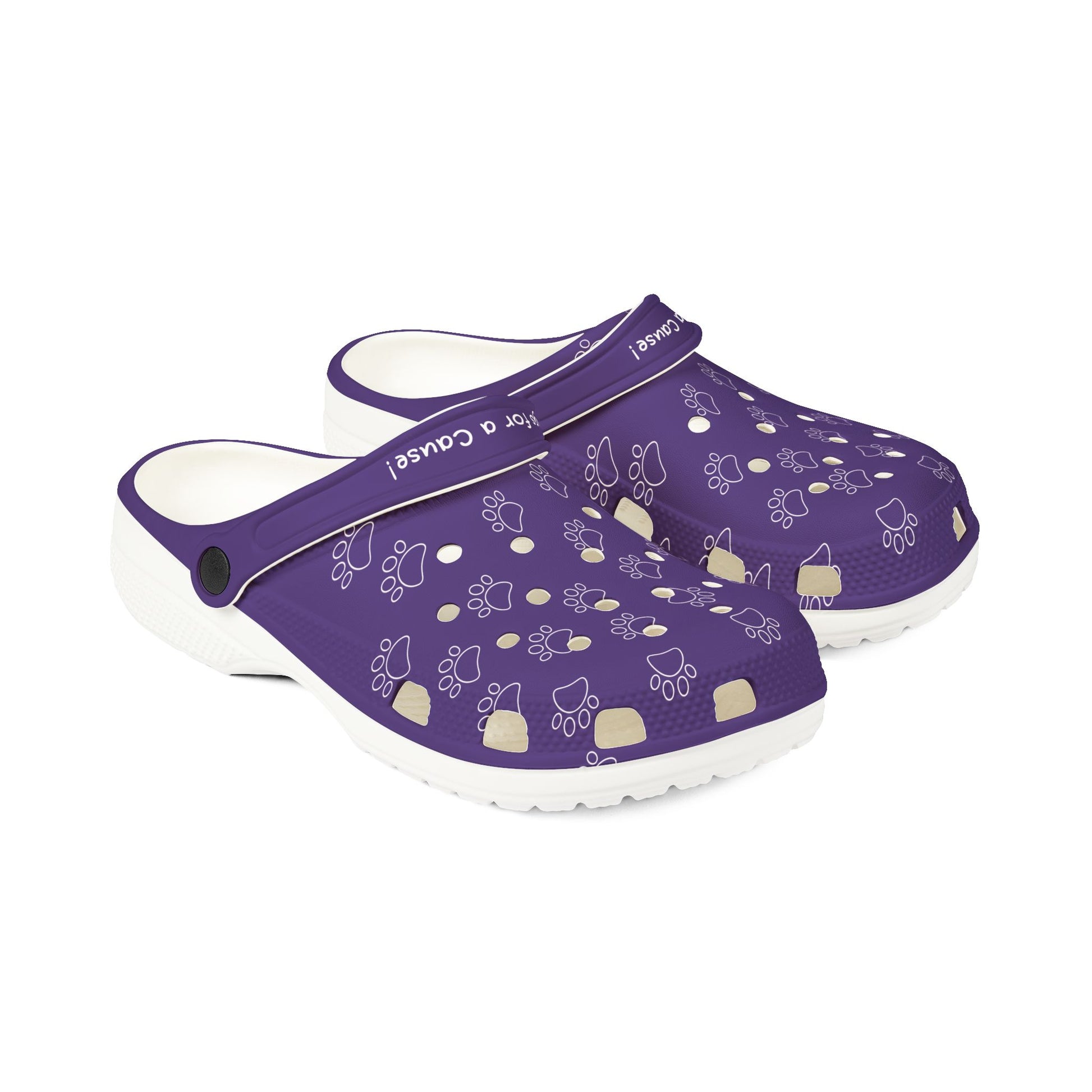 Purple rubber clogs for women with white paw print pattern and adjustable heel straps by Printify