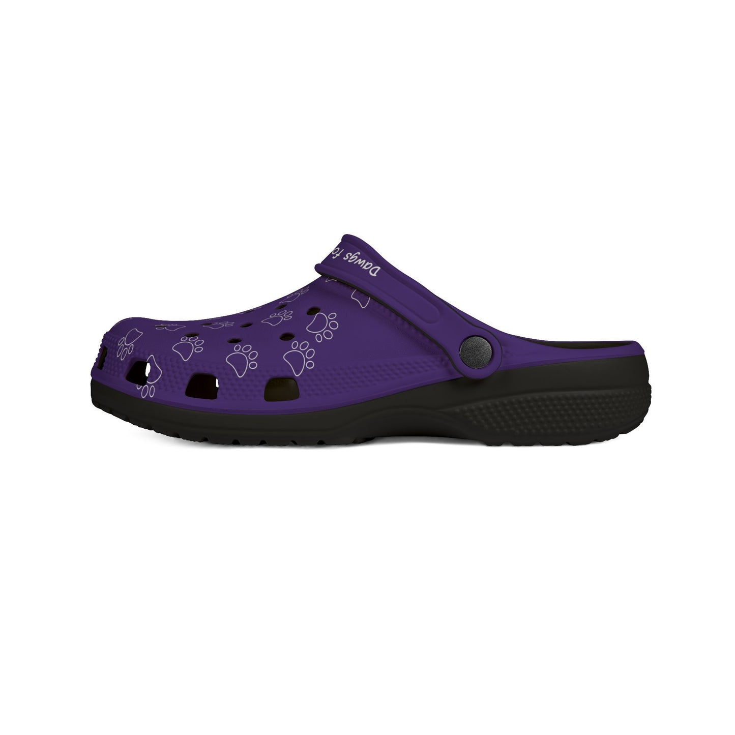 Printify purple rubber clogs for women with paw print design and black sole