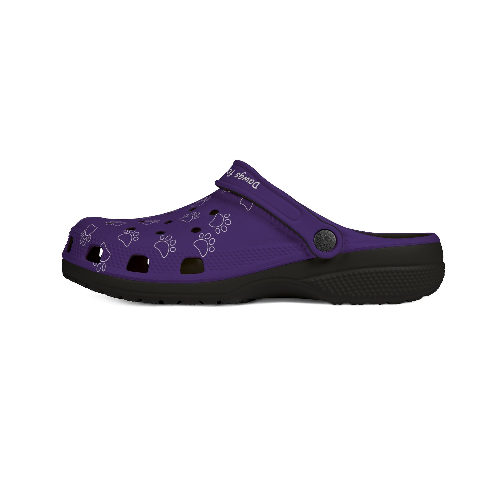 Printify purple rubber clogs for women with paw print design and black sole