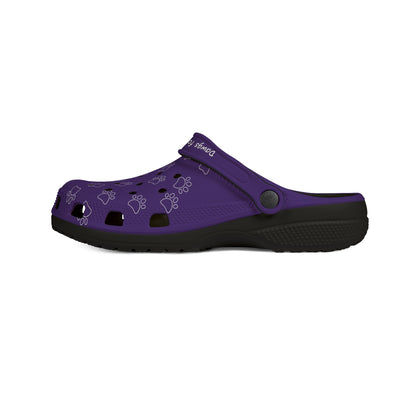 Printify purple rubber clogs for women with paw print design and black sole