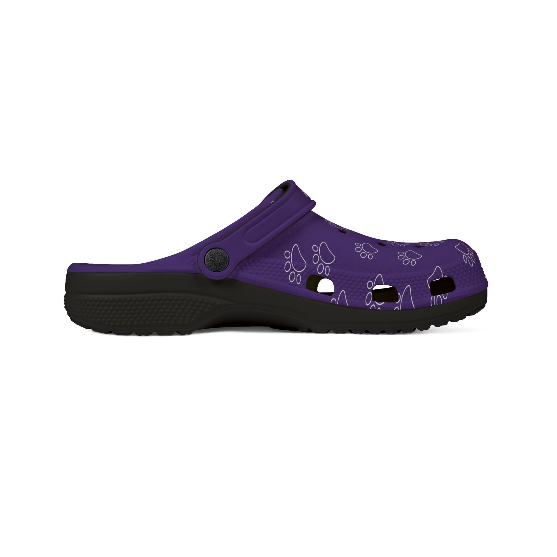 purple rubber clogs for women with paw print design and black sole