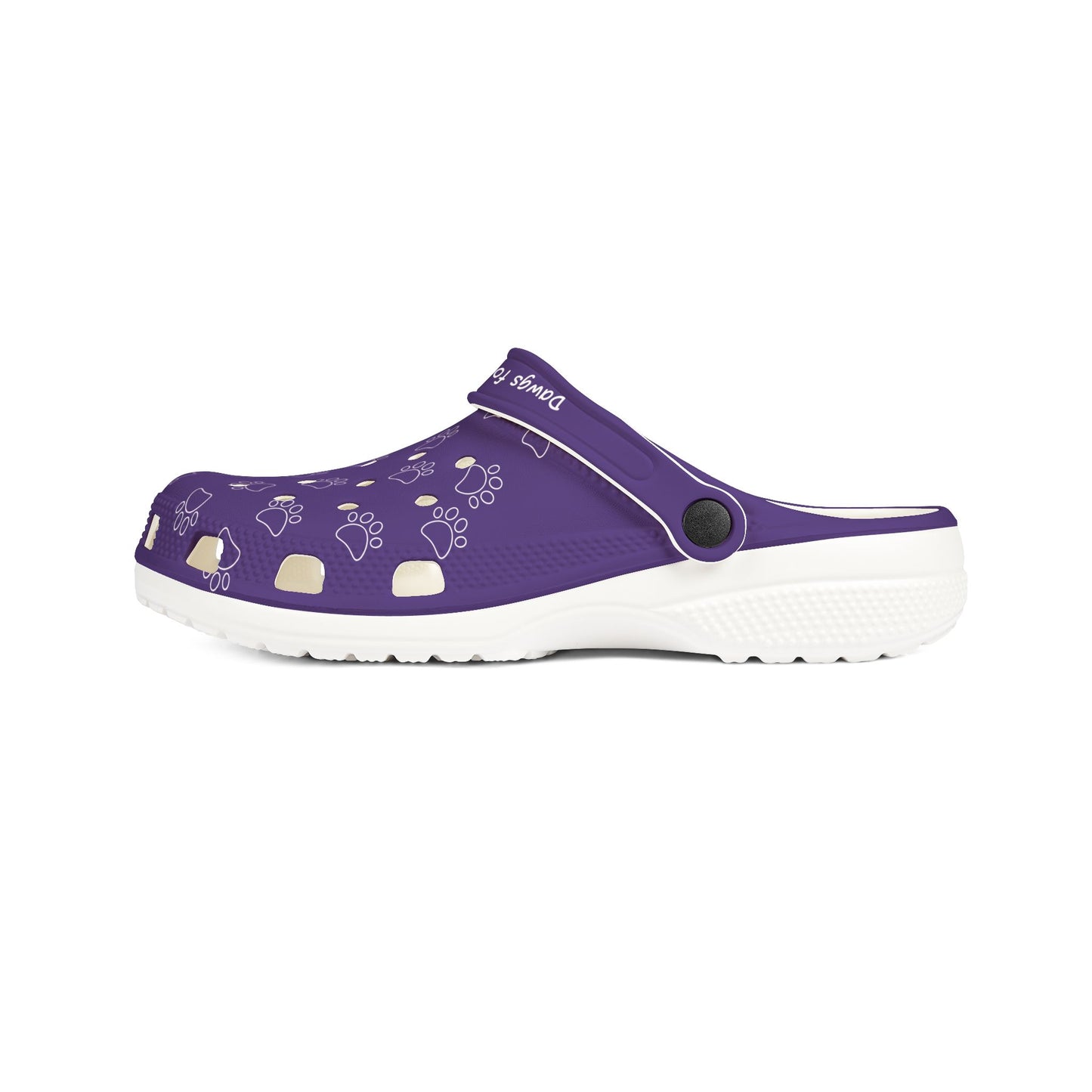 Printify purple rubber clogs for women with paw print design and white sole comfort shoes