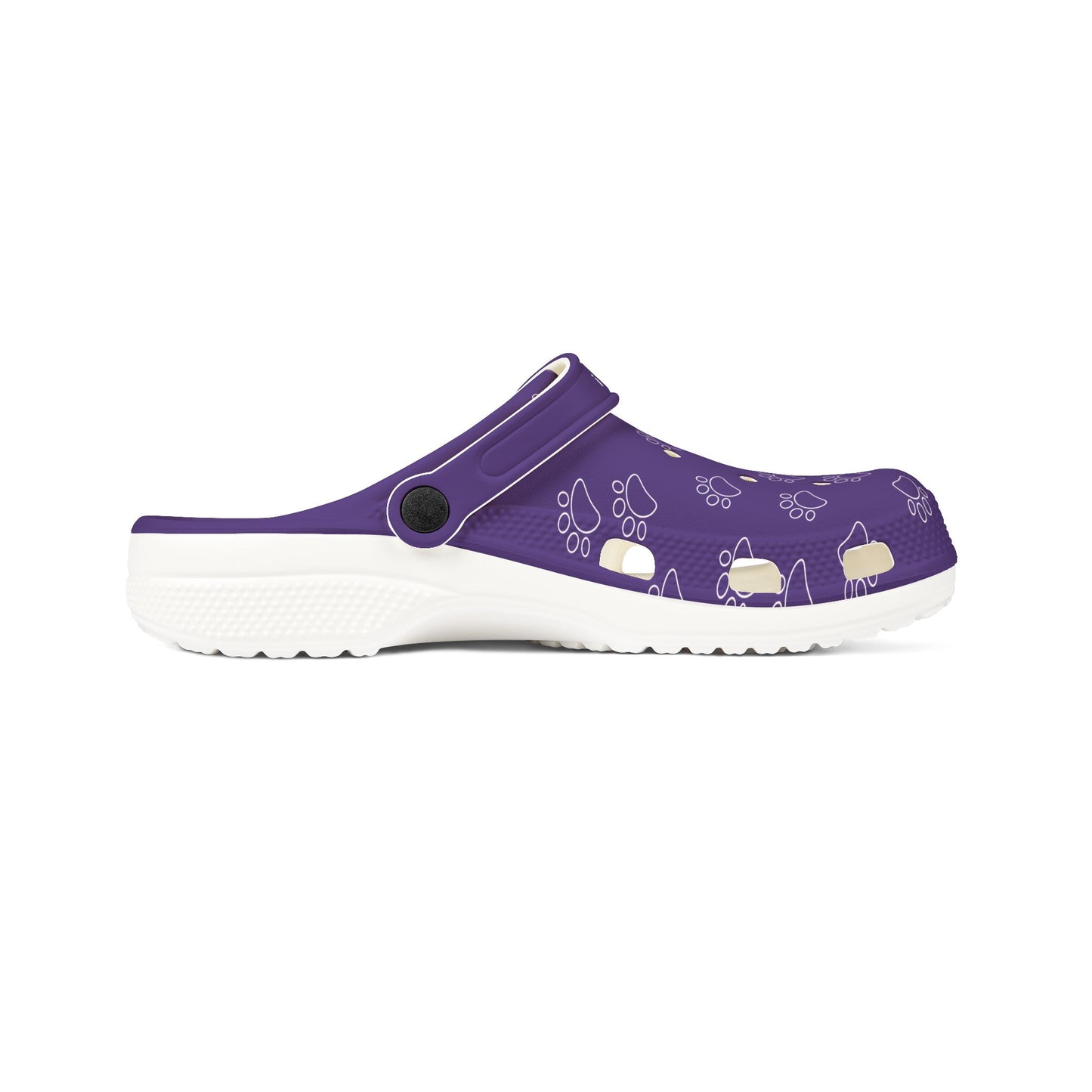 Printify purple rubber clogs for women featuring paw print design and white sole