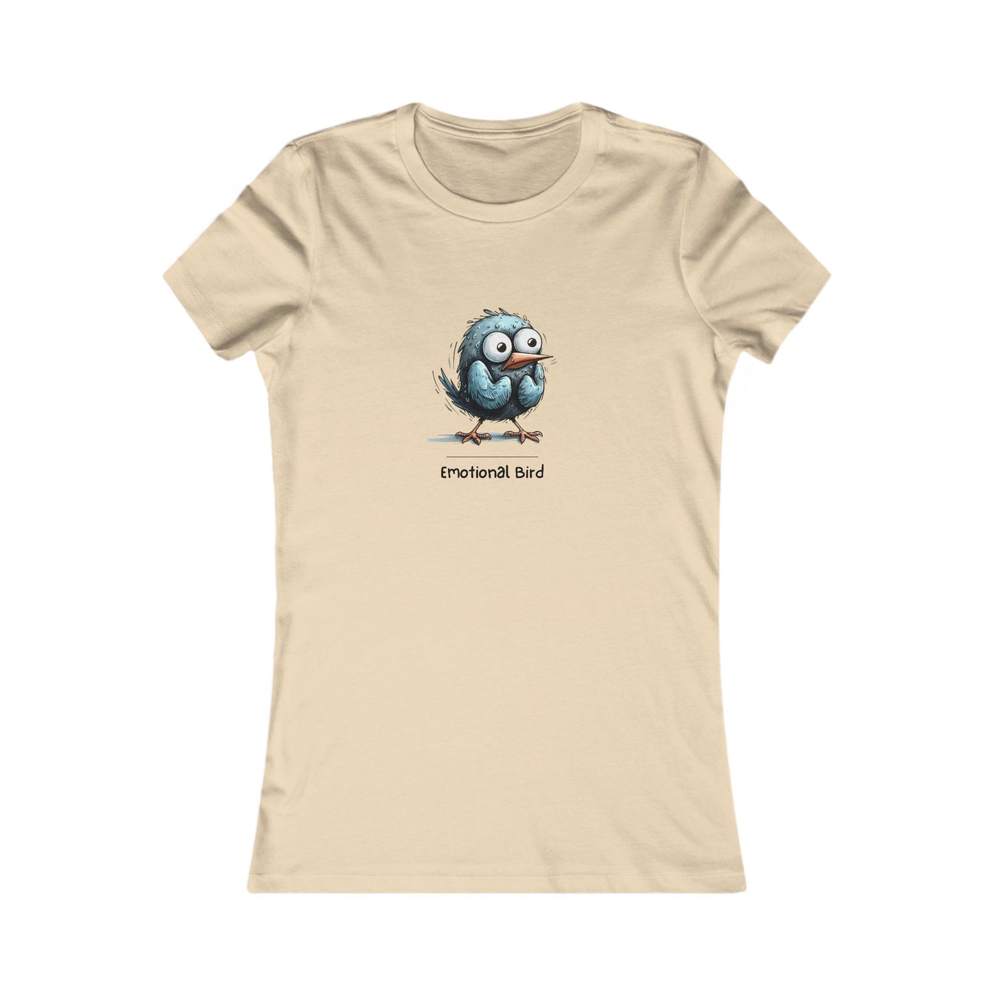 Printify quirky emotional tee women featuring a beige shirt with a cartoon emotional bird graphic