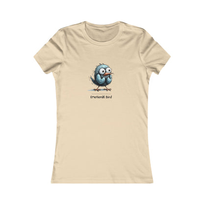 Printify quirky emotional tee women featuring a beige shirt with a cartoon emotional bird graphic