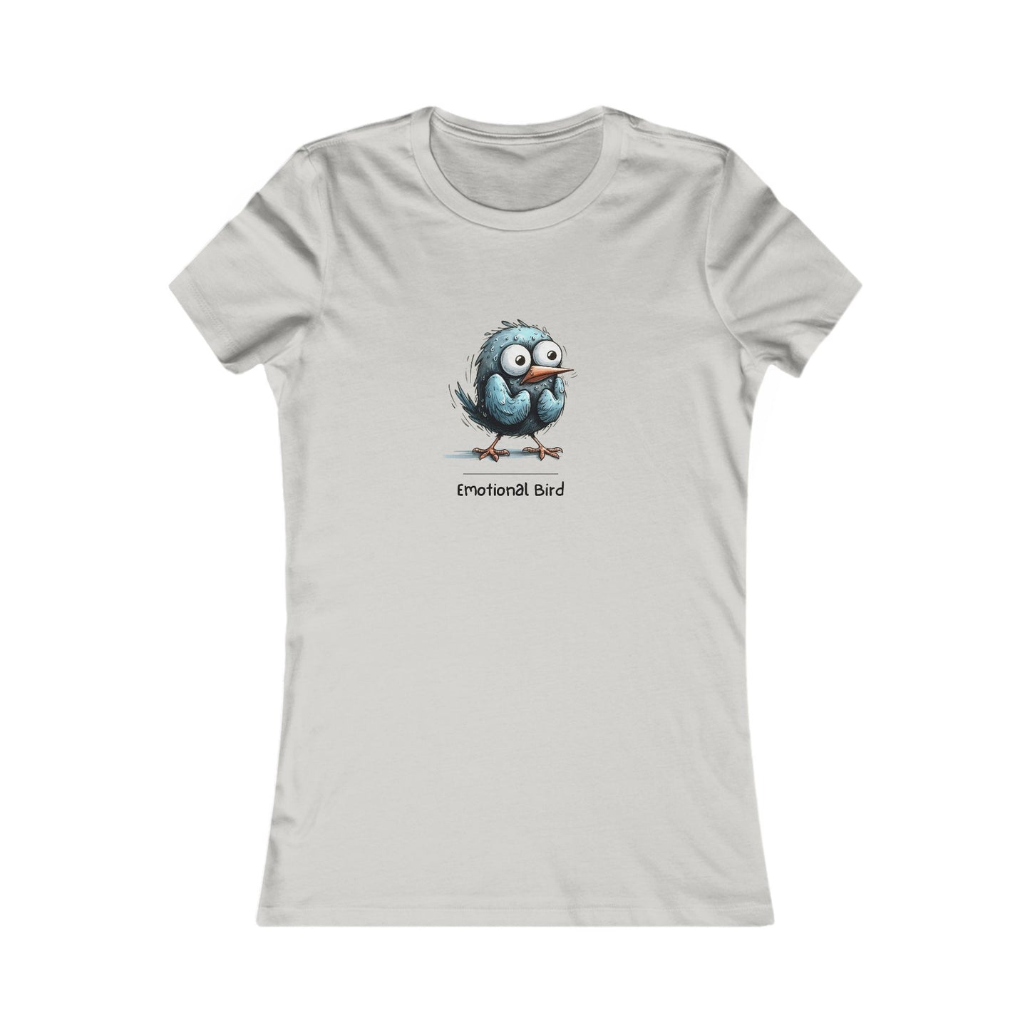 Printify quirky emotional tee women with cute blue emotional bird graphic on light gray fabric