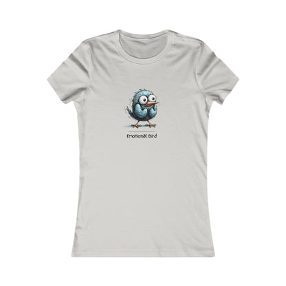 Printify quirky emotional tee women with cute blue emotional bird graphic on light gray fabric